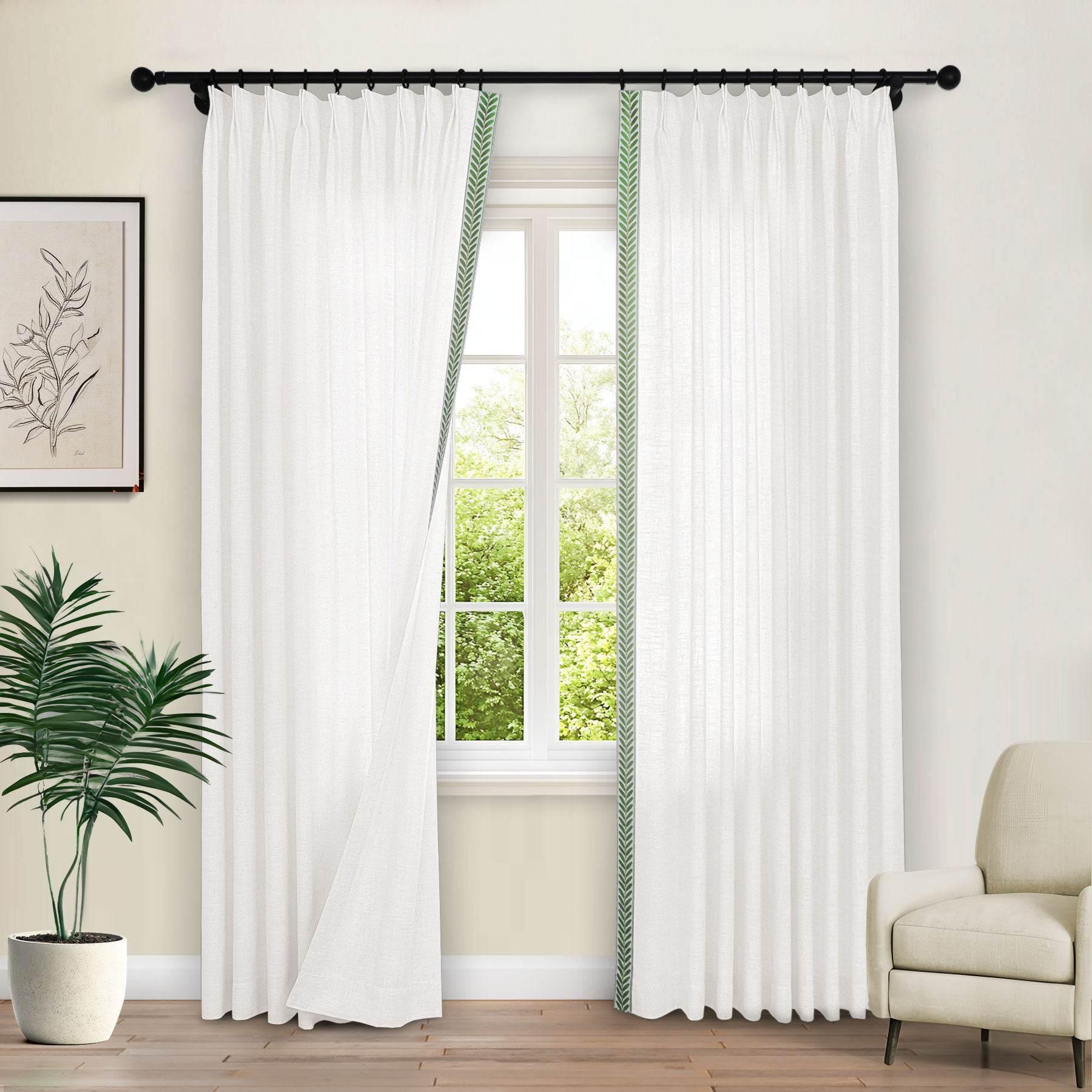 1908 Linen Blend Unlined Breathable & Natural Curtain Pinch Pleat with Trim Border - Cololeaf -- #0 Snow White