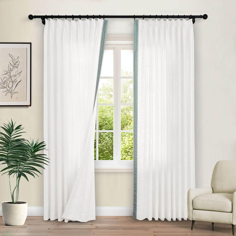 1908 Linen Blend Unlined Breathable & Natural Curtain Pinch Pleat with Trim Border - Cololeaf -- #0 Snow White