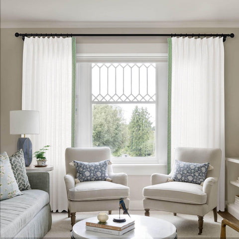 1908 Linen Blend Unlined Breathable & Natural Curtain Pinch Pleat with Trim Border - Cololeaf -- #0 Snow White