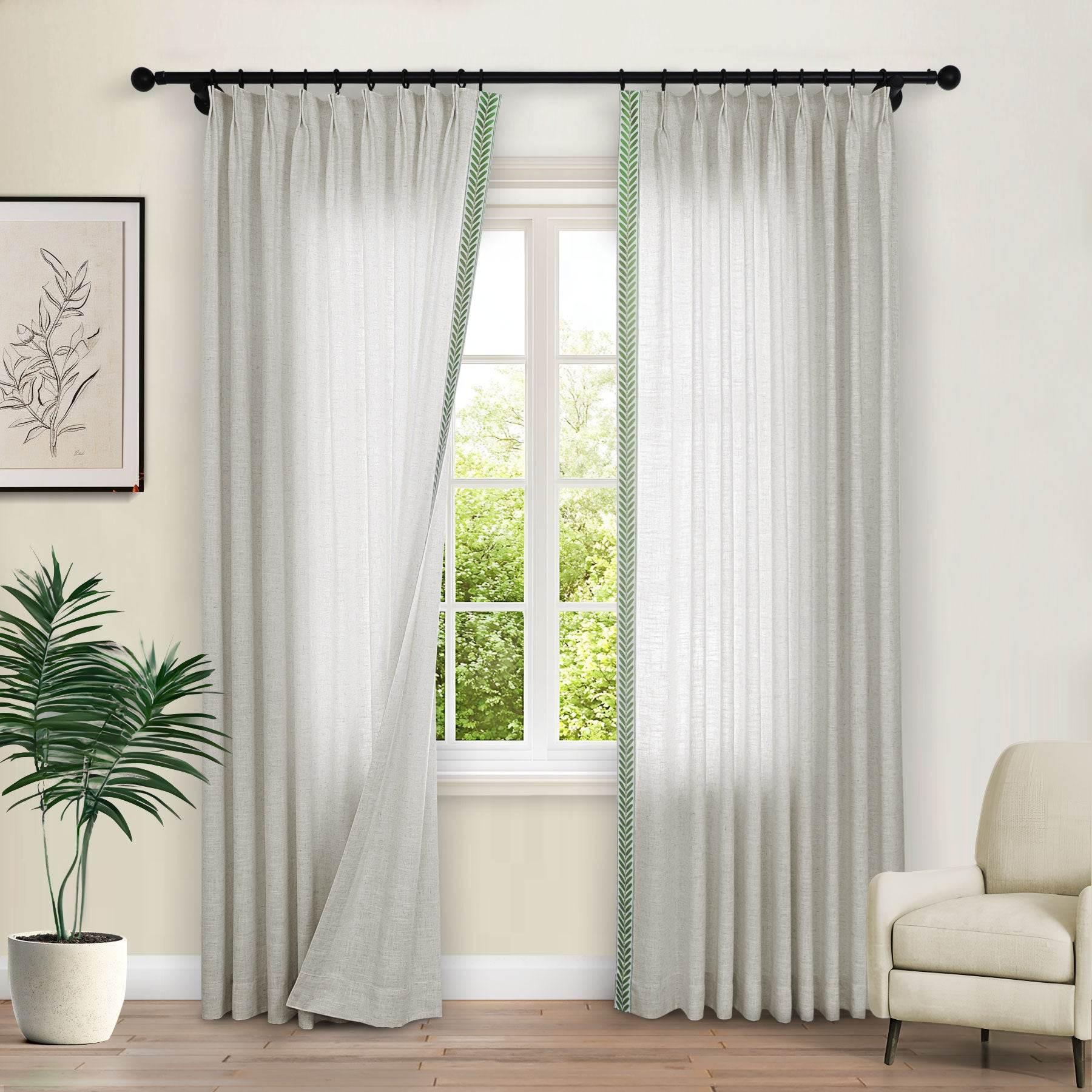 1908 Linen Blend Unlined Breathable & Natural Curtain Pinch Pleat with Trim Border - Cololeaf -- #0 Snow White