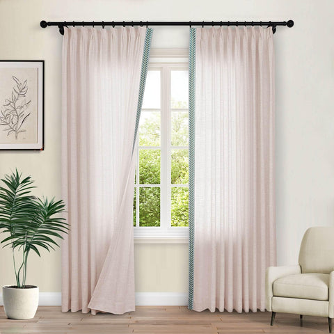 1908 Linen Blend Unlined Breathable & Natural Curtain Pinch Pleat with Trim Border - Cololeaf -- #0 Snow White