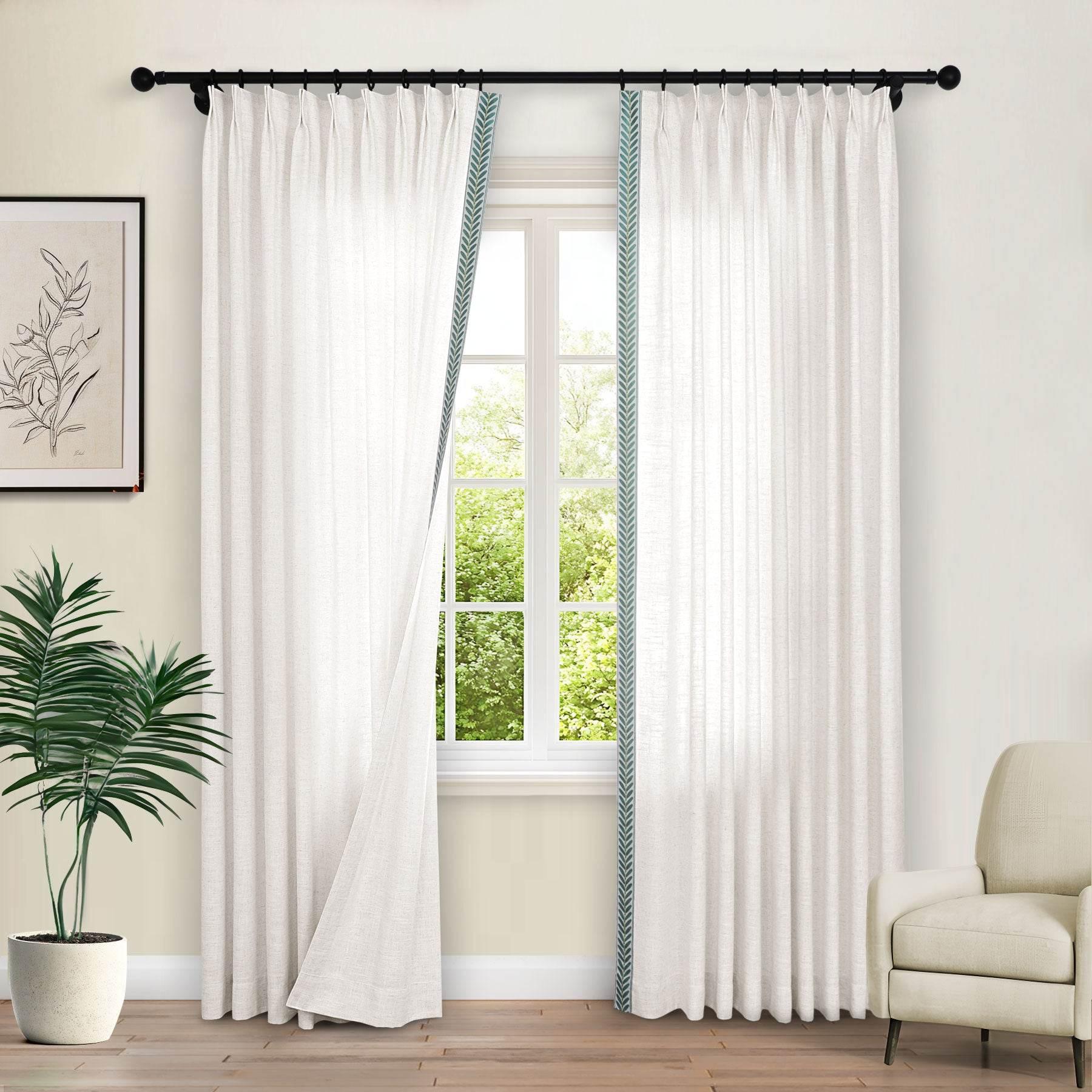 1908 Linen Blend Unlined Breathable & Natural Curtain Pinch Pleat with Trim Border - Cololeaf -- #0 Snow White