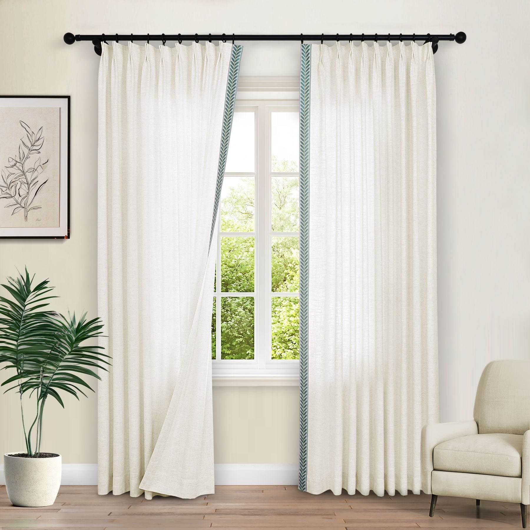 1908 Linen Blend Unlined Breathable & Natural Curtain Pinch Pleat with Trim Border - Cololeaf -- #0 Snow White