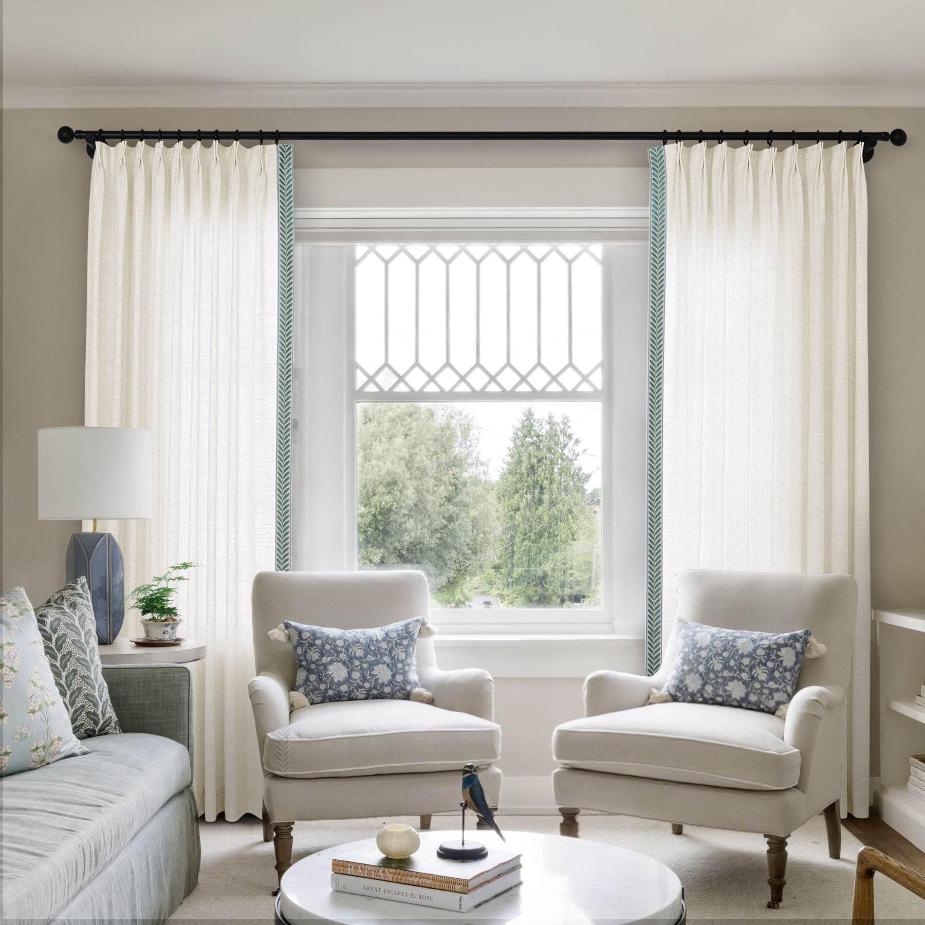 1908 Linen Blend Unlined Breathable & Natural Curtain Pinch Pleat with Trim Border - Cololeaf -- #0 Snow White