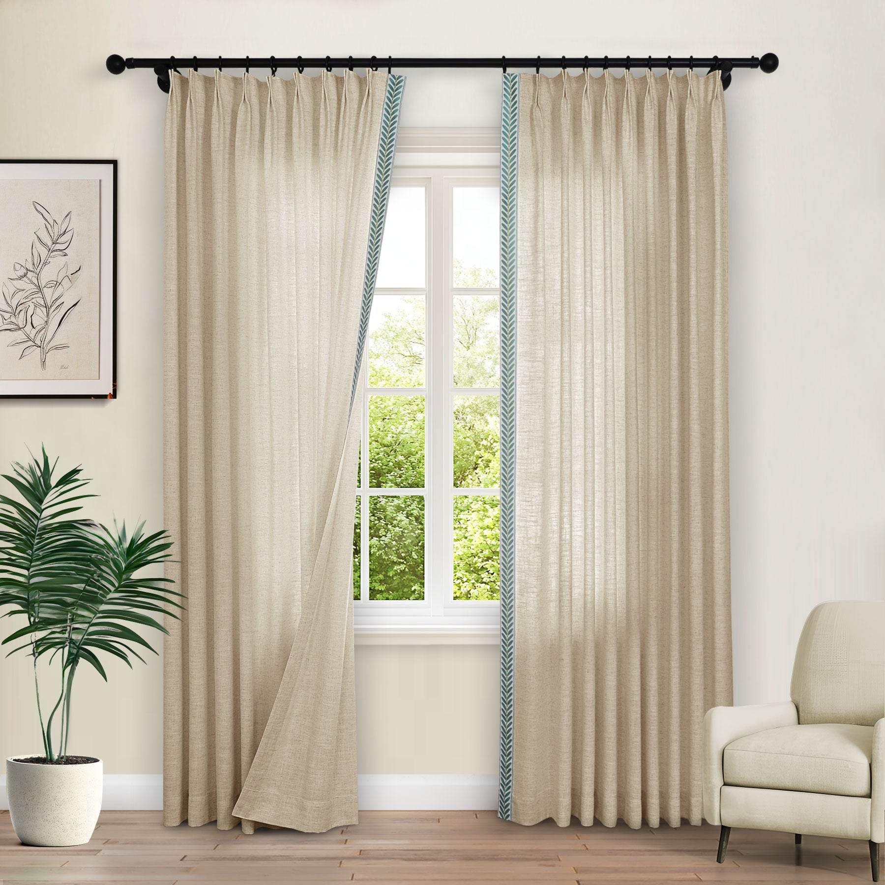1908 Linen Blend Unlined Breathable & Natural Curtain Pinch Pleat with Trim Border - Cololeaf -- #0 Snow White