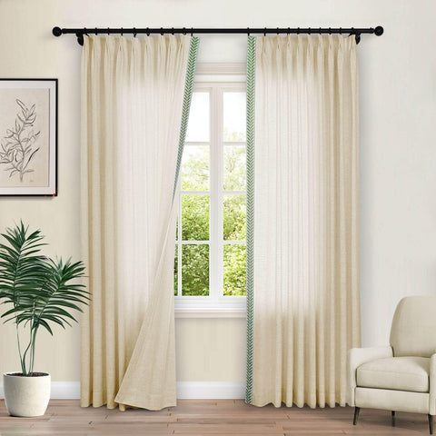 1908 Linen Blend Unlined Breathable & Natural Curtain Pinch Pleat with Trim Border - Cololeaf -- #0 Snow White