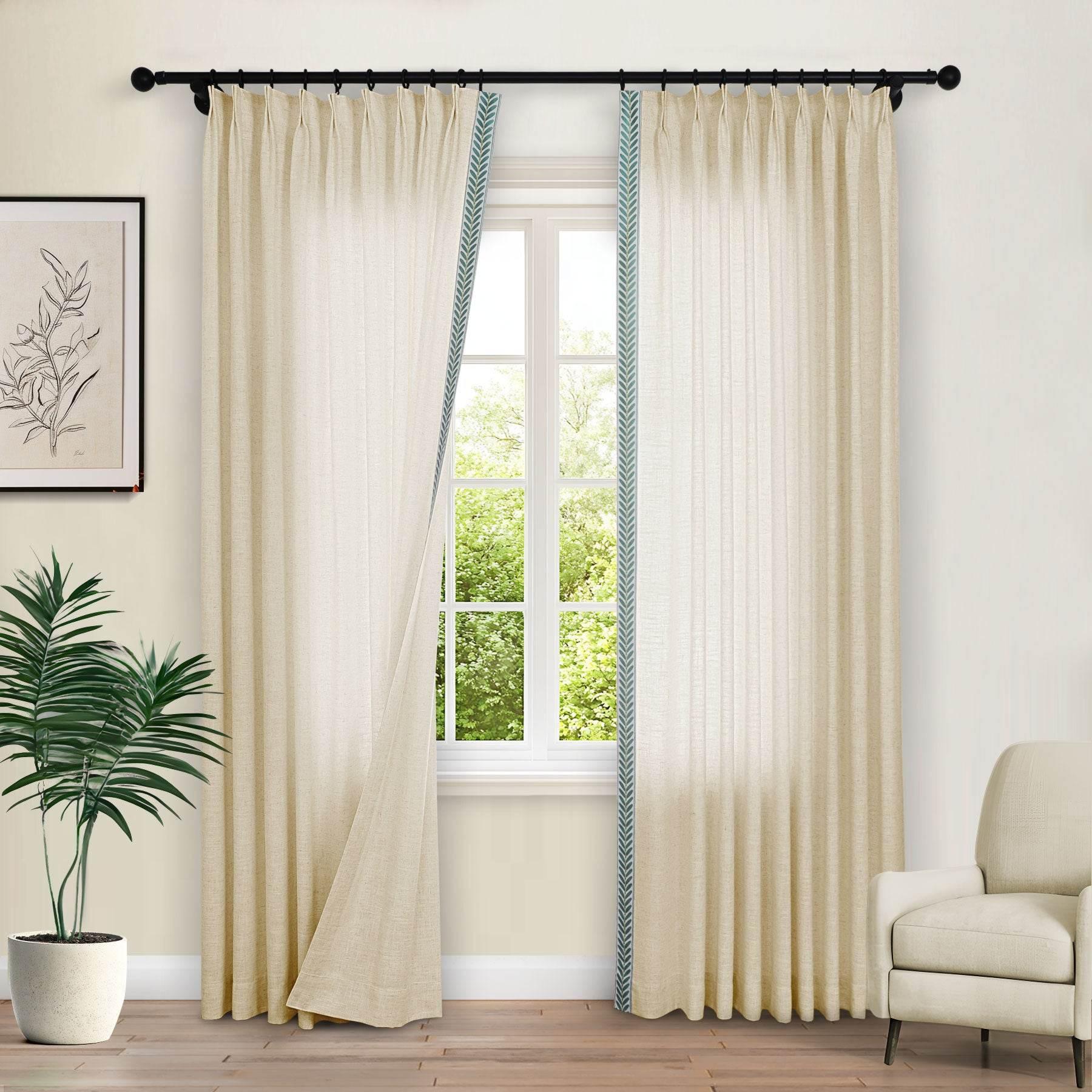 1908 Linen Blend Unlined Breathable & Natural Curtain Pinch Pleat with Trim Border - Cololeaf -- #0 Snow White