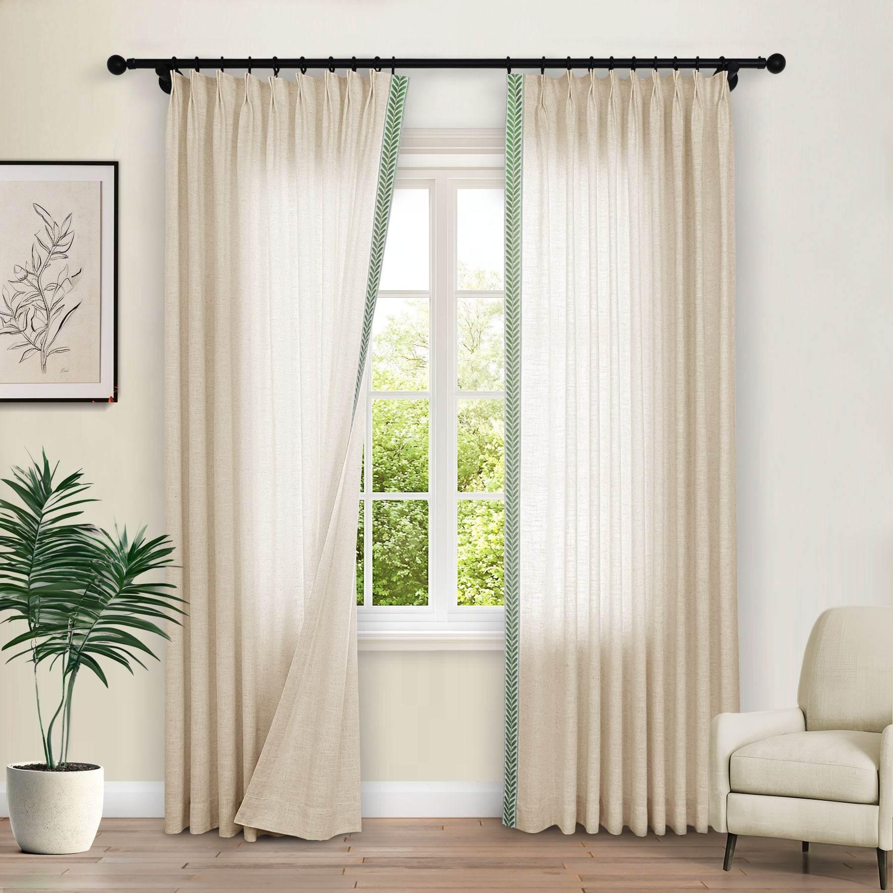 1908 Linen Blend Unlined Breathable & Natural Curtain Pinch Pleat with Trim Border - Cololeaf -- #0 Snow White