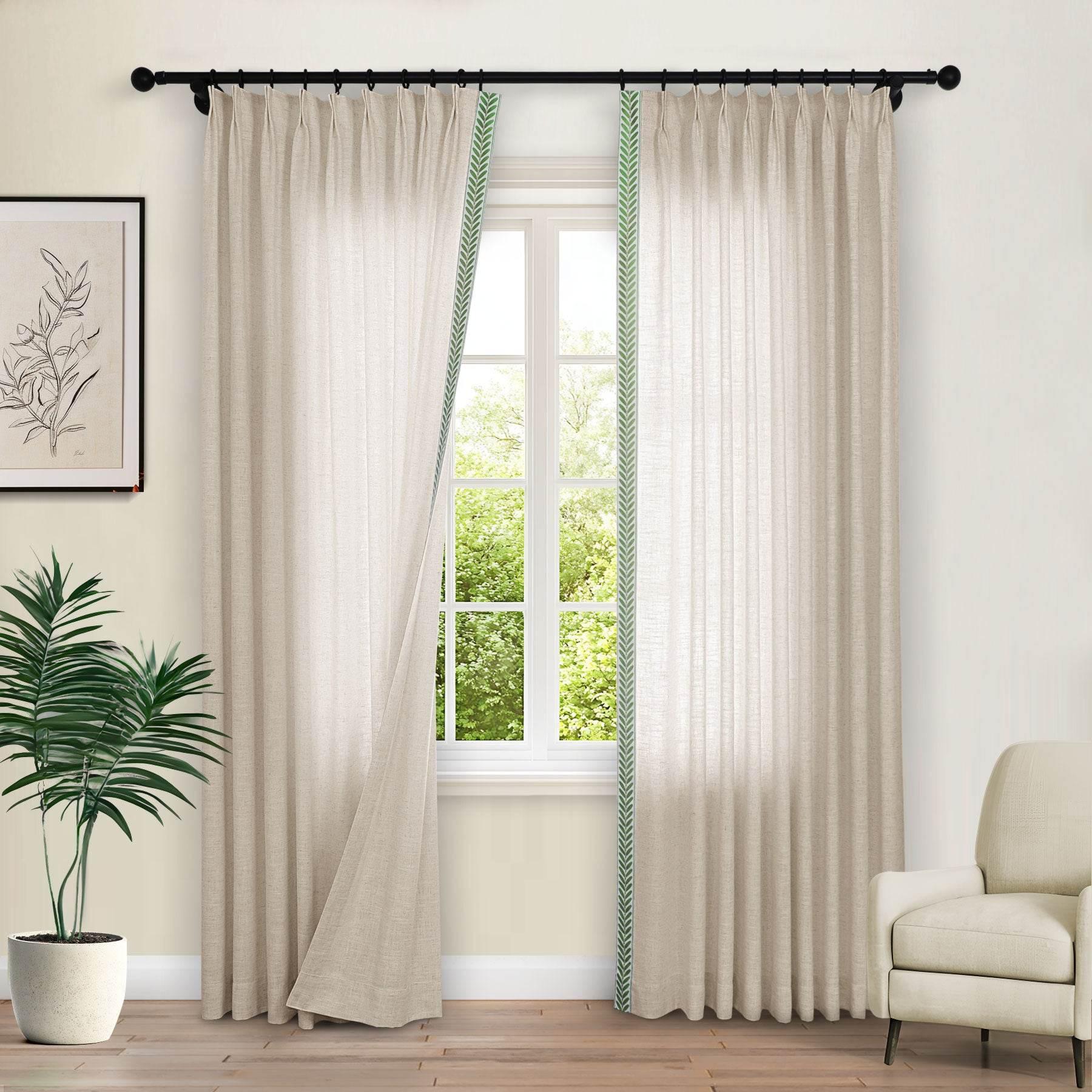 1908 Linen Blend Unlined Breathable & Natural Curtain Pinch Pleat with Trim Border - Cololeaf -- #0 Snow White