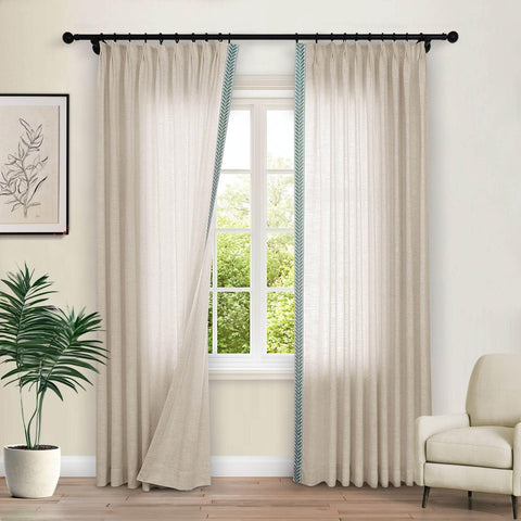 1908 Linen Blend Unlined Breathable & Natural Curtain Pinch Pleat with Trim Border - Cololeaf -- #0 Snow White